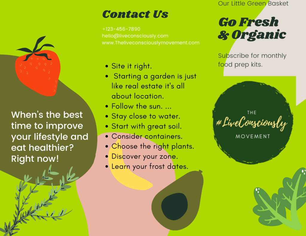 Tri-fold Graphic with fruits and vegetables. Bright green text, instructions for gardening.